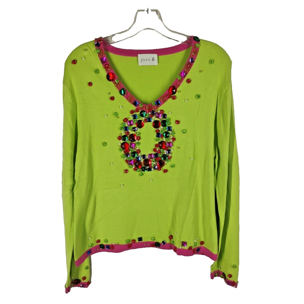Just B Womens MEDIUM Loud Bright Neon Green Pink Gemmed Sweater Color‎ Flaw